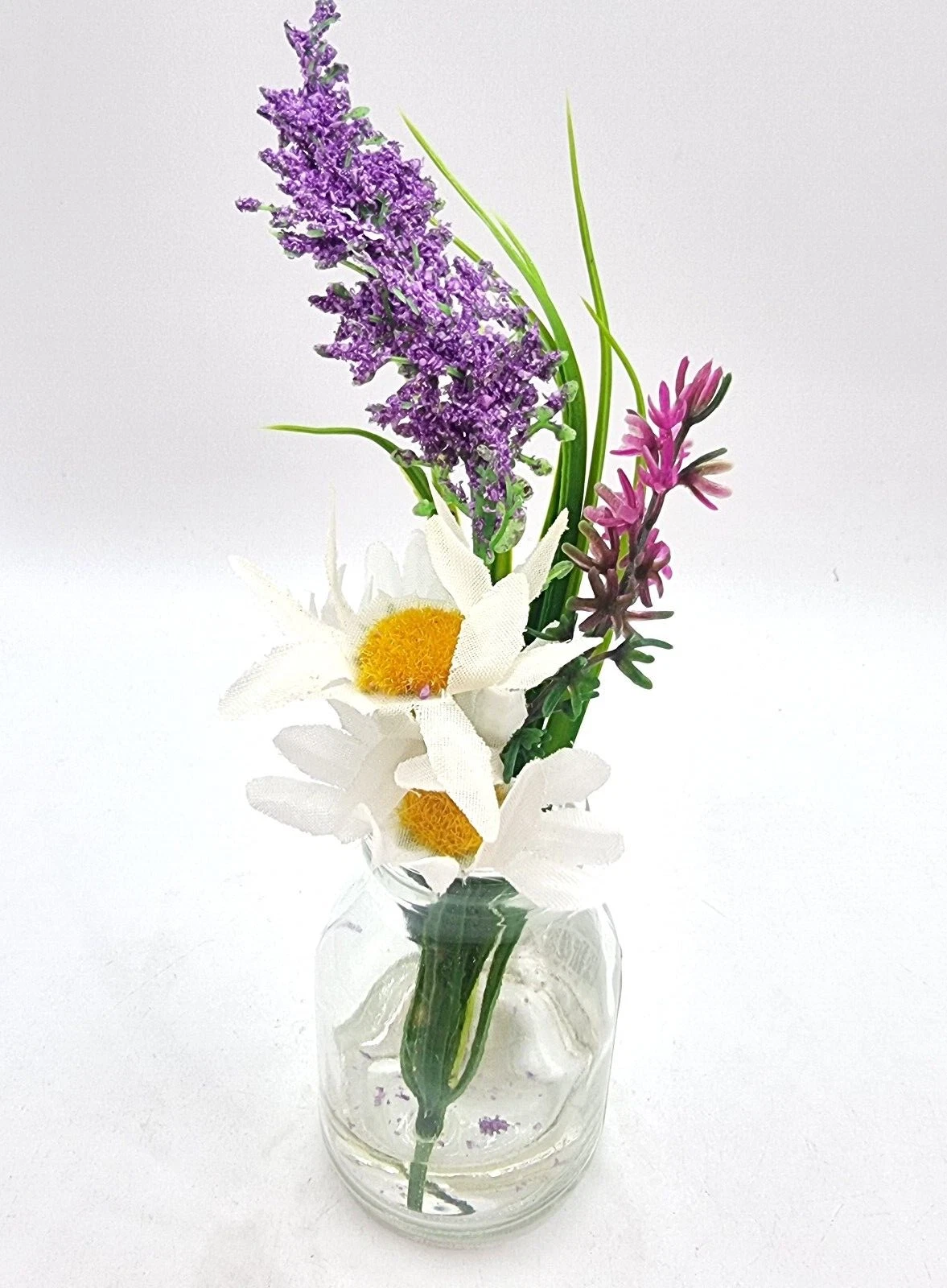 6 x Artificial Lavender & Daisy Flowers mini Glass Vase Party Wedding - Image 1