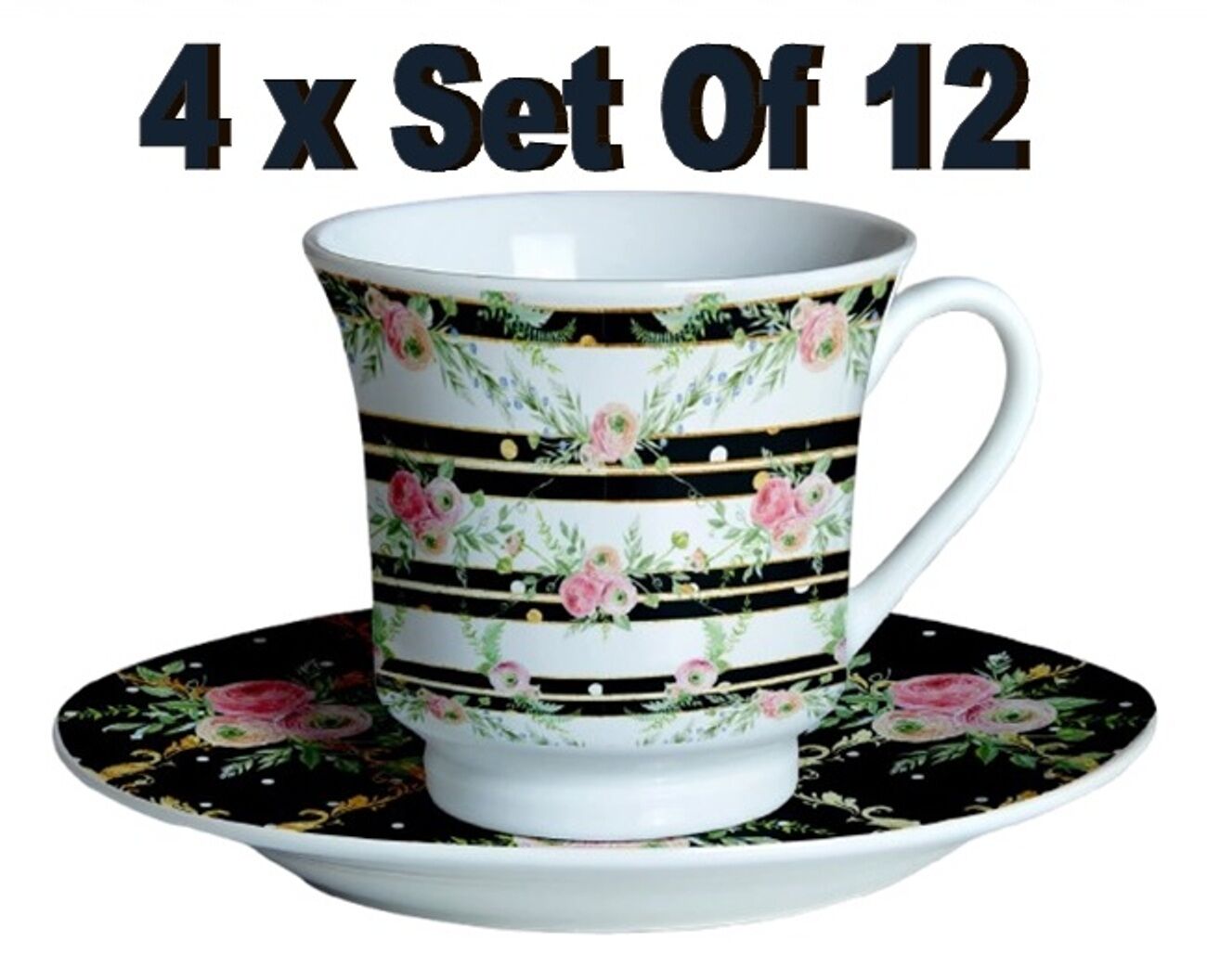 4 x Sabella Home 12-Piece Ceramic Tea Set Shabby Chic Floral Teacups and Saucers Tea Coffee Set - Image 1