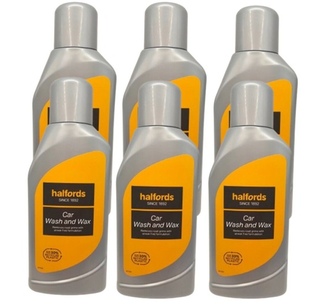 6 x Halfords Car Wash and Wax 500ml 2in1 Streak-Free Shampoo Protective Gloss Wax Formulation - Image 1
